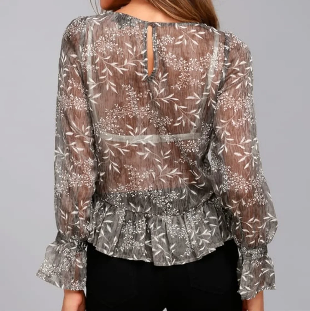 Lulu's Whispering Winds gray floral print embroidered top ruffle edge gorgeous
